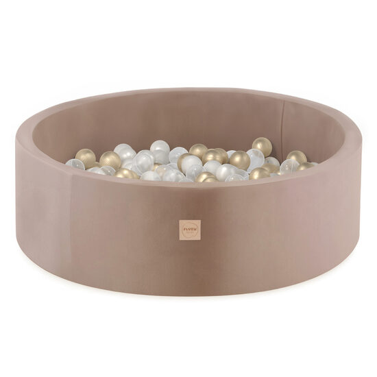 Pre-order for 05.03.2026 - PLUSH NEST Dry pool beige 90x30 with balls, velvet, round 200 balls: pearl, transparent, gold